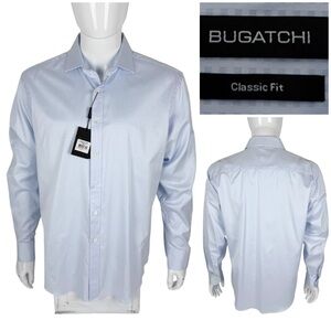 Bugatchi Mens Large Shirt Blue Sky 100% Cotton Button Front Checks Casual NWT